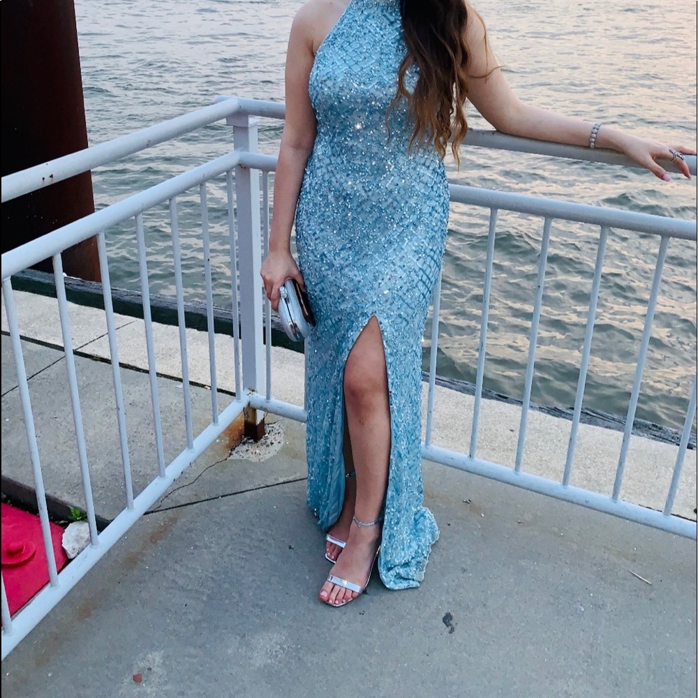 Light blue cut out back prom dress with a slit